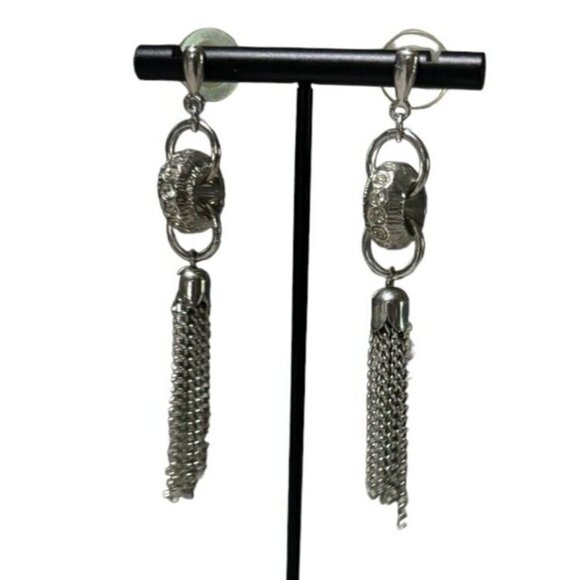 Silver Tassel And Rhinestone Dangle Drop Pierced Earrings - Picture 8 of 8